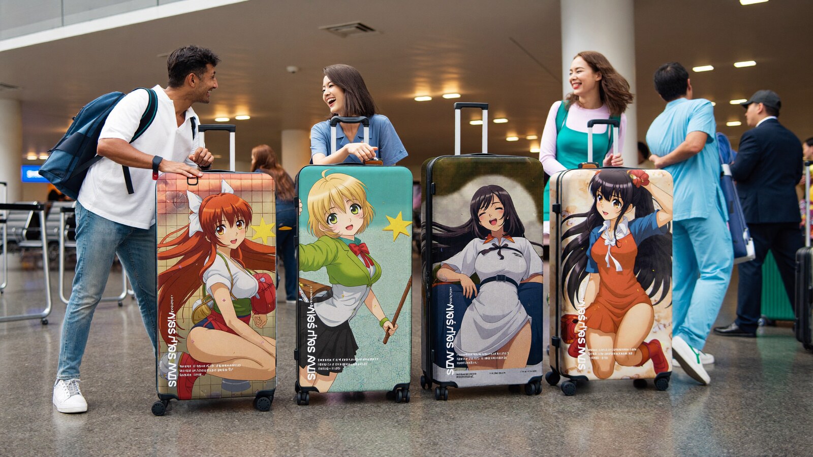 Anime-inspired luggage cover suitcase protector in a social or layered scene with friends