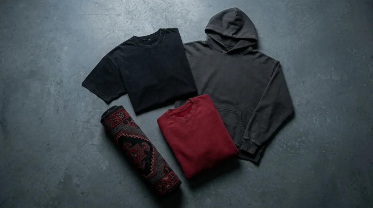Madara Uchiha merch flat lay in black, crimson and grey with tee, hoodie and crewneck