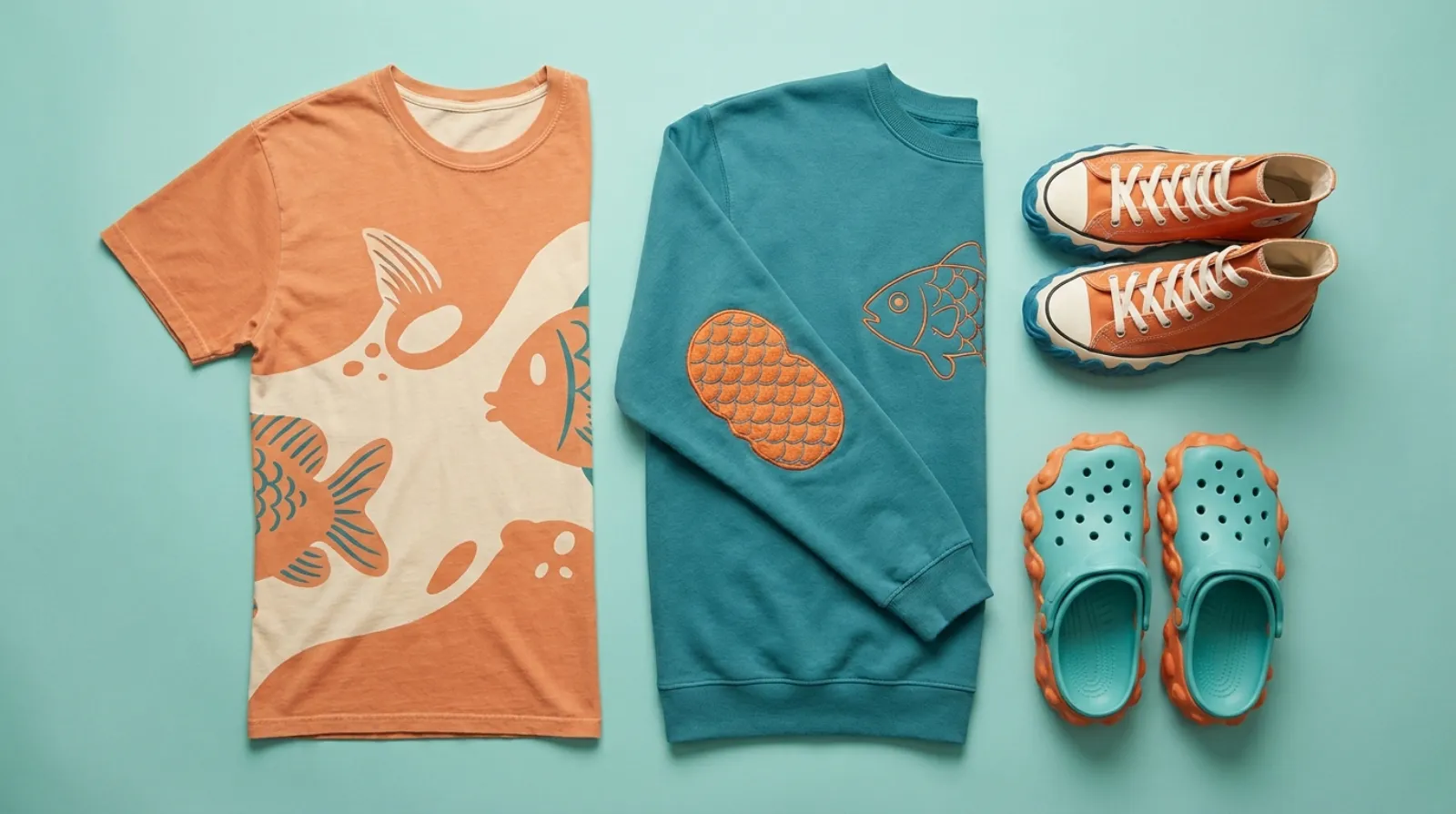 Magikarp shirt and Pokemon apparel flat lay with tee, sweatshirt and orange shoes