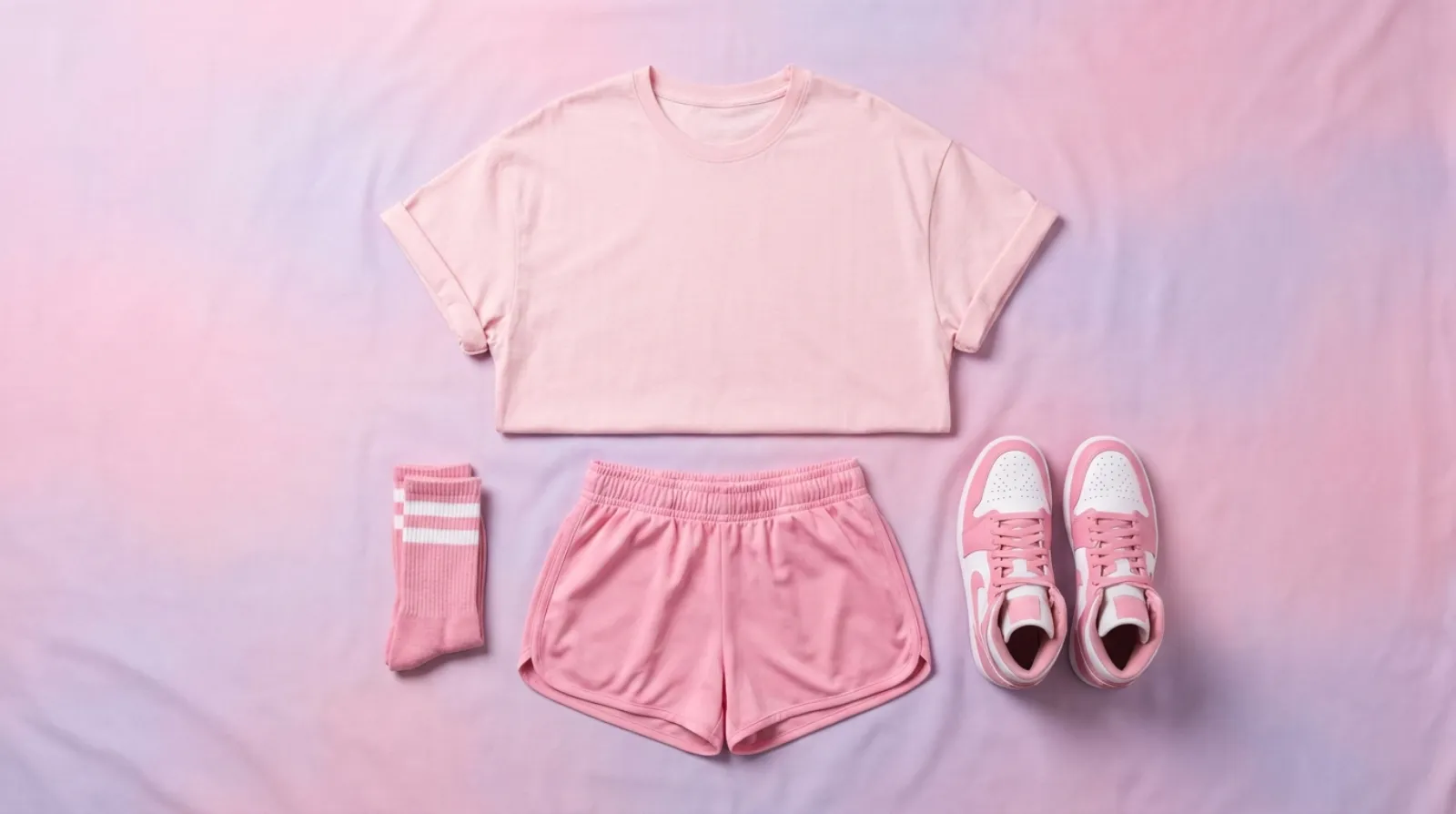 Majin Buu merch flat lay in candy pink with tee, shorts, sneakers and socks