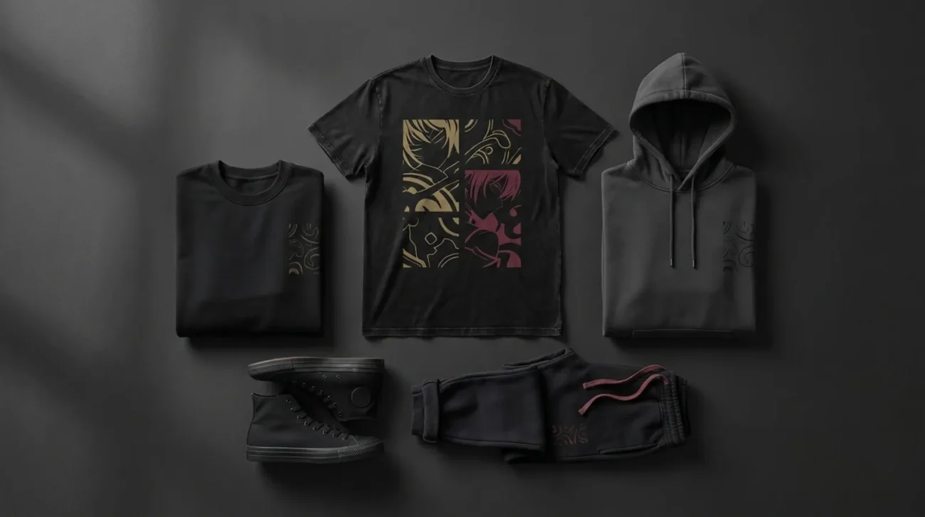 Makima merch flat lay with Chainsaw Man streetwear tee, sweatpants, hoodie and sneakers in black and deep red