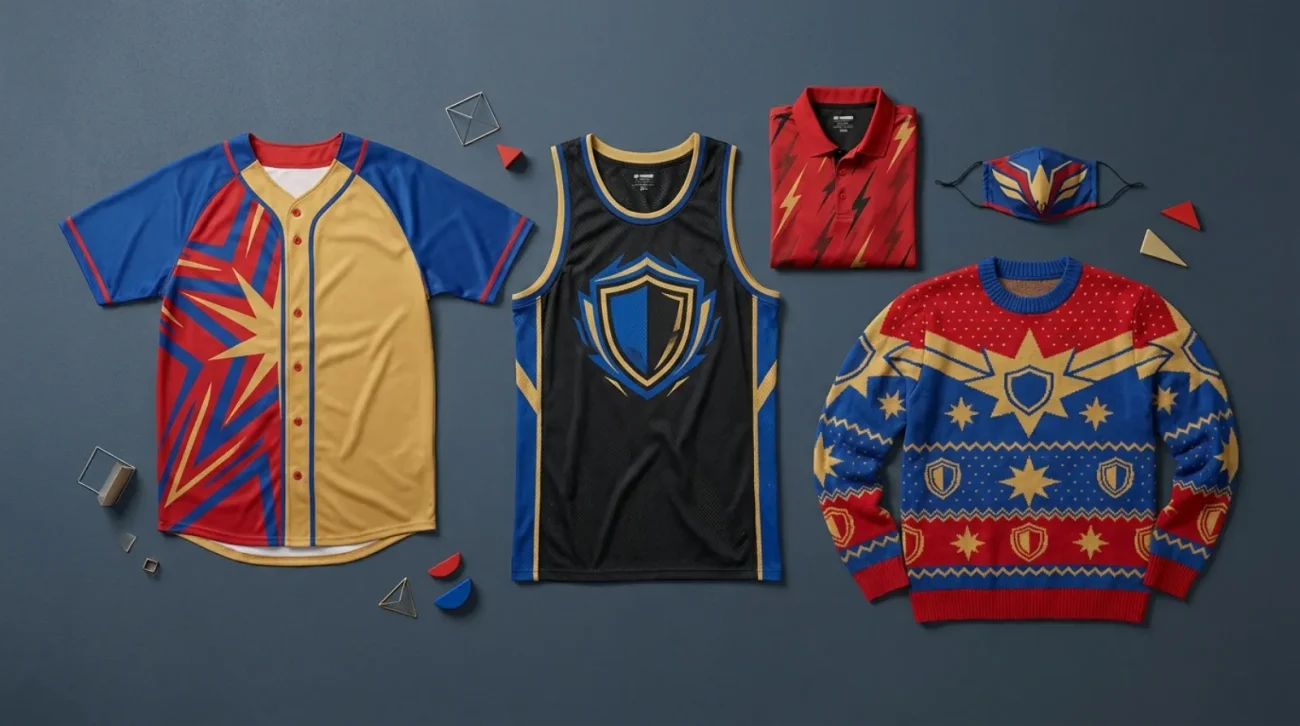 Flat-lay of Marvel shirt and sportswear with a baseball jersey, basketball jersey, polo, face mask, and holiday sweater