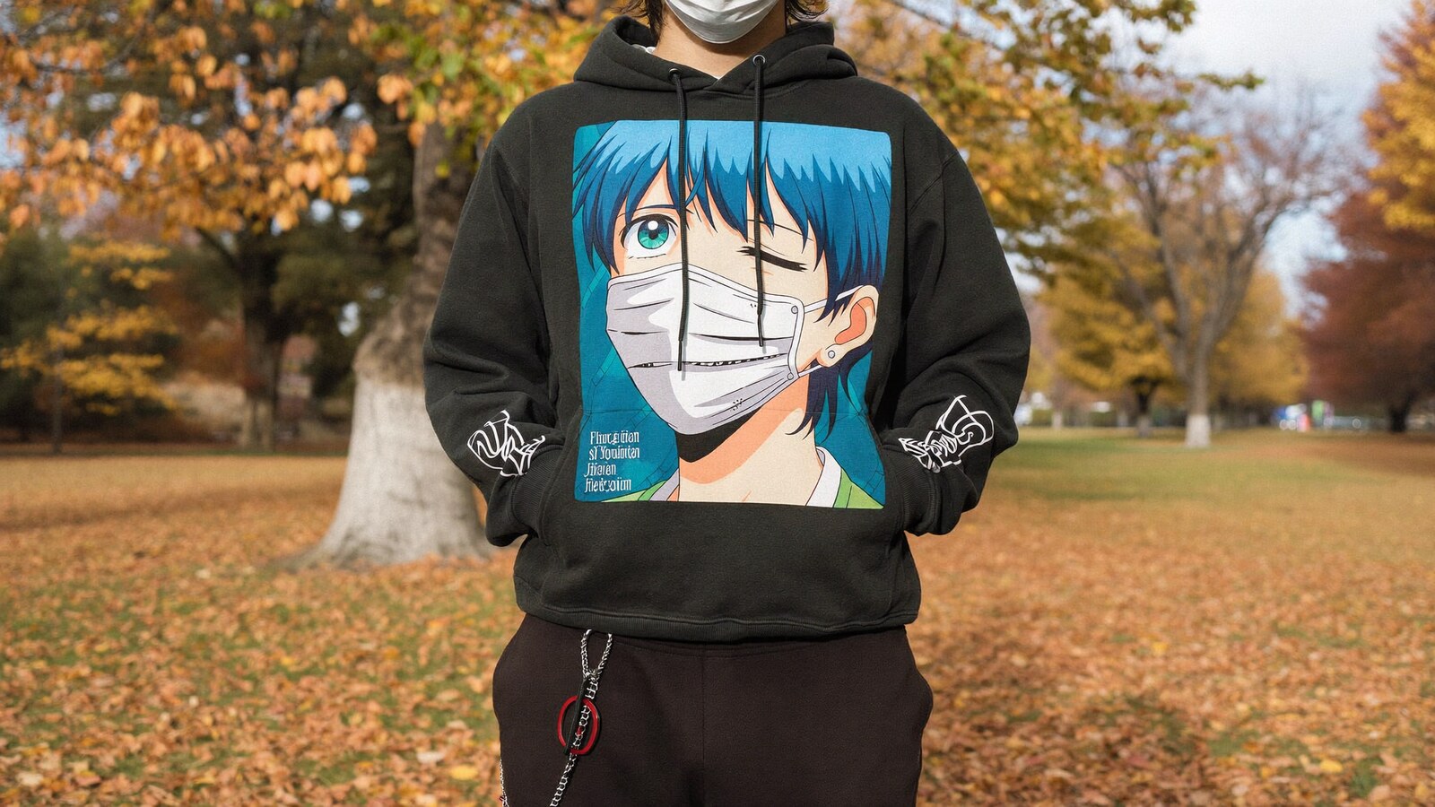 Anime-inspired masked hoodie styled in a natural daylight scene