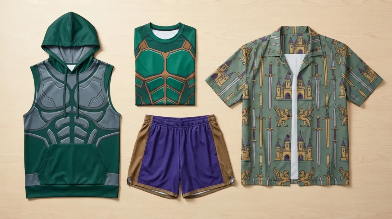 Masters of the Universe shirt and Eternia merch flat lay in green and bronze with gym gear on light wood