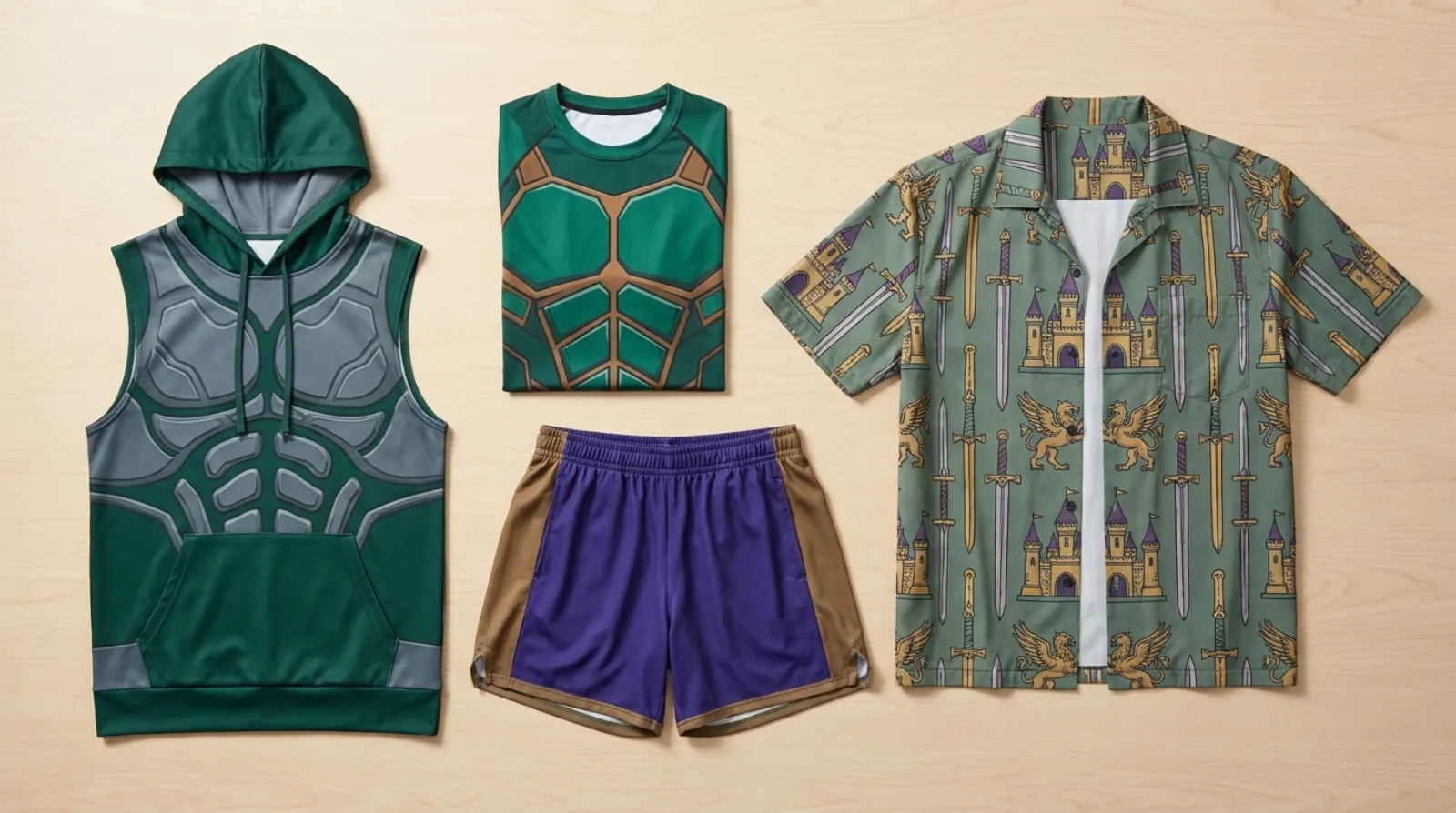 Masters of the Universe shirt and Eternia merch flat lay in green and bronze with gym gear on light wood