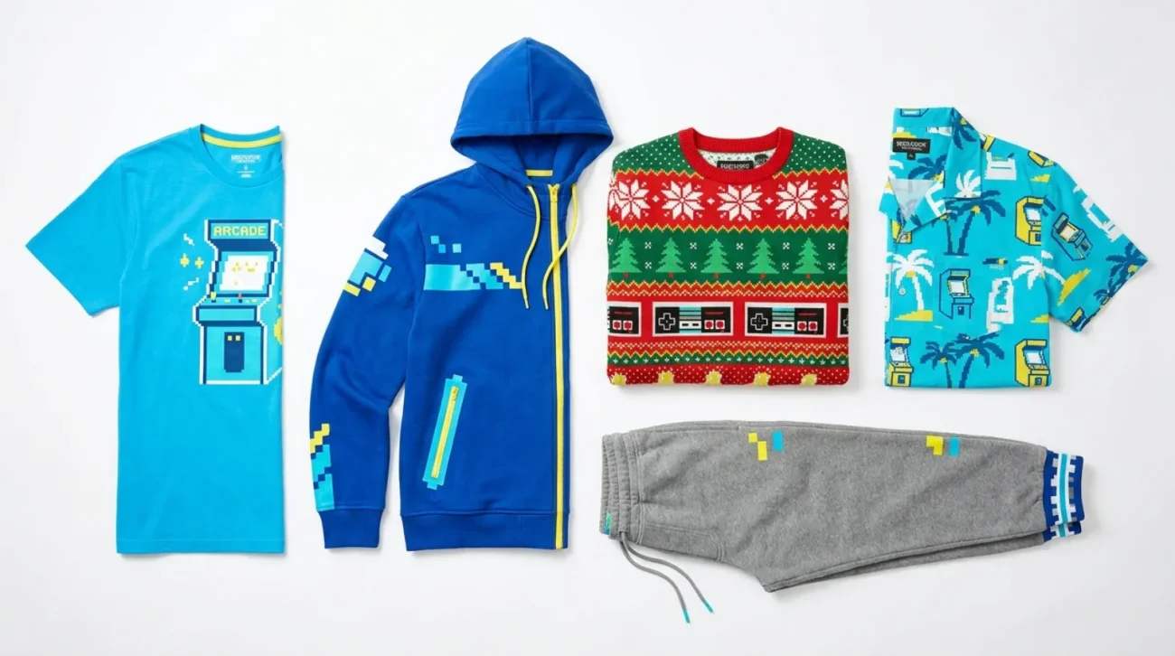 Mega Man shirt flat lay with blue tee, zip hoodie and sweater