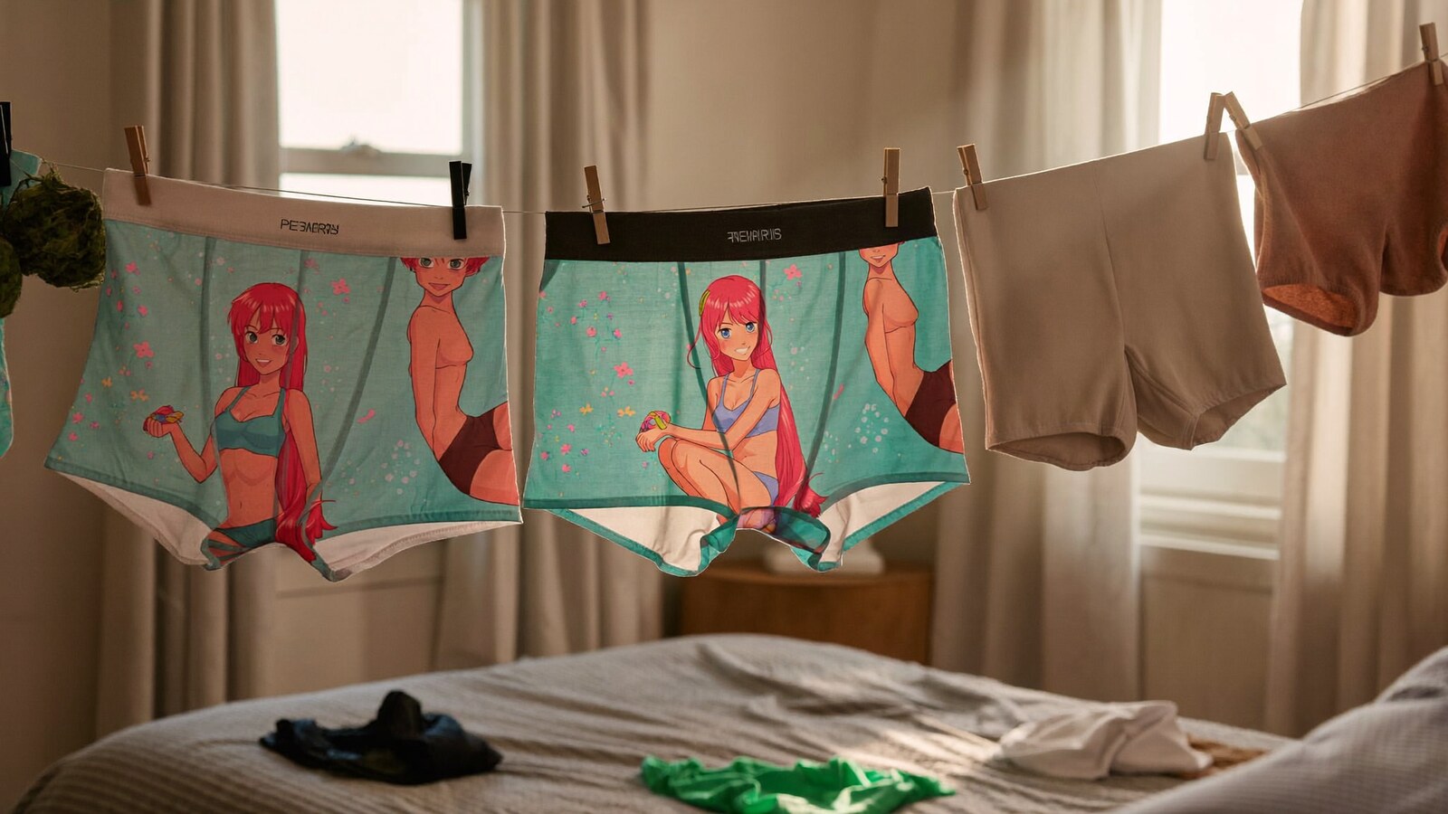 Anime-inspired men's boxer briefs in a social or layered scene with friends