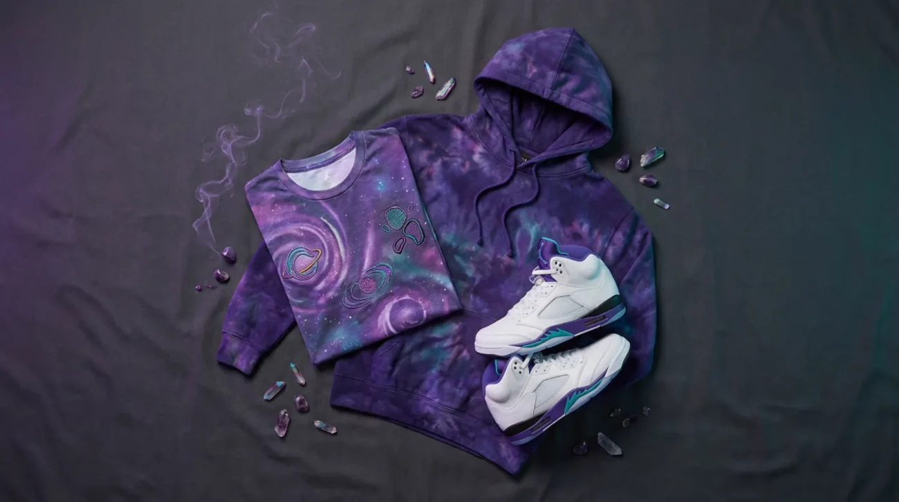Flat-lay of Mewtwo merch with cosmic purple Pokemon tee, hoodie, and themed basketball shoes