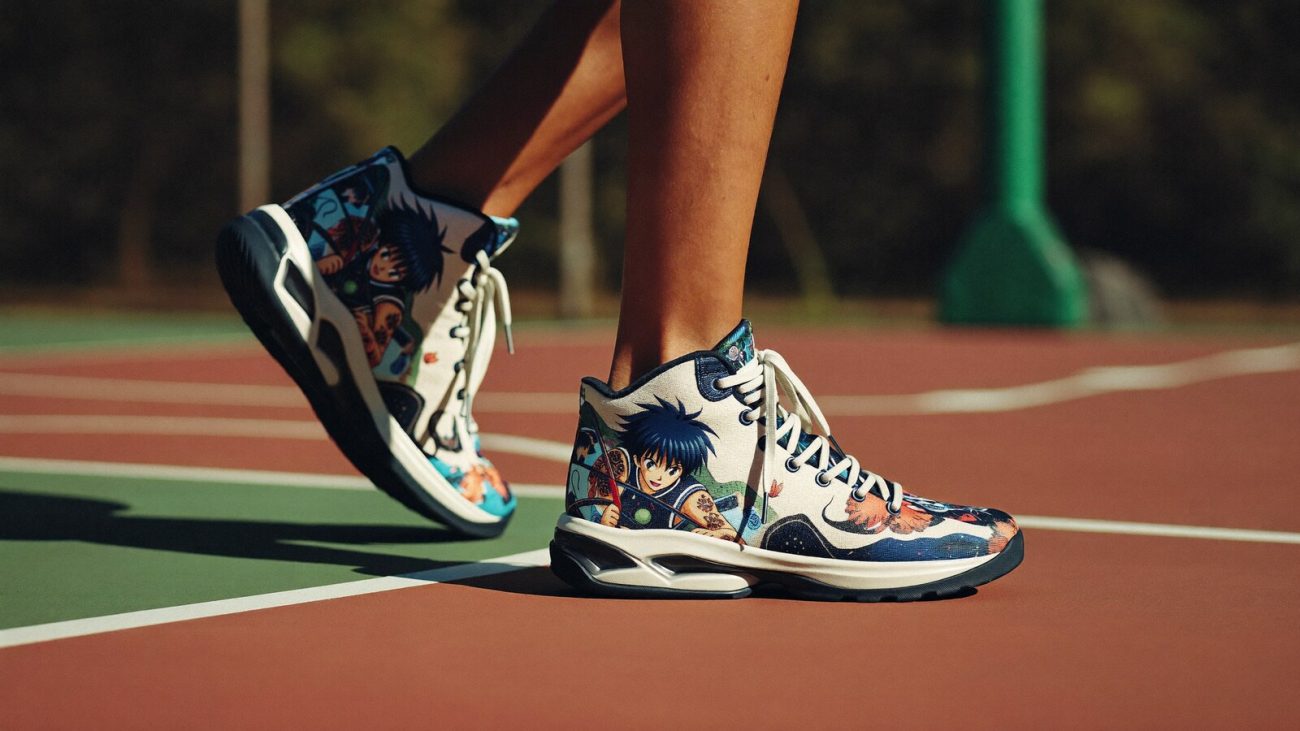 Person wearing an anime-inspired mid 11 basketball shoes in an editorial scene