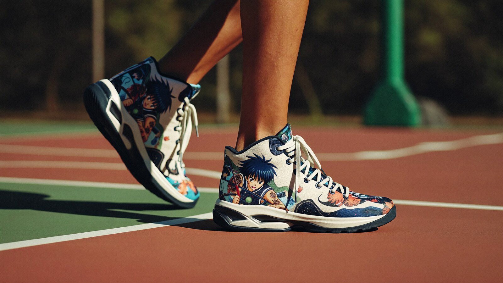 Person wearing an anime-inspired mid 11 basketball shoes in an editorial scene