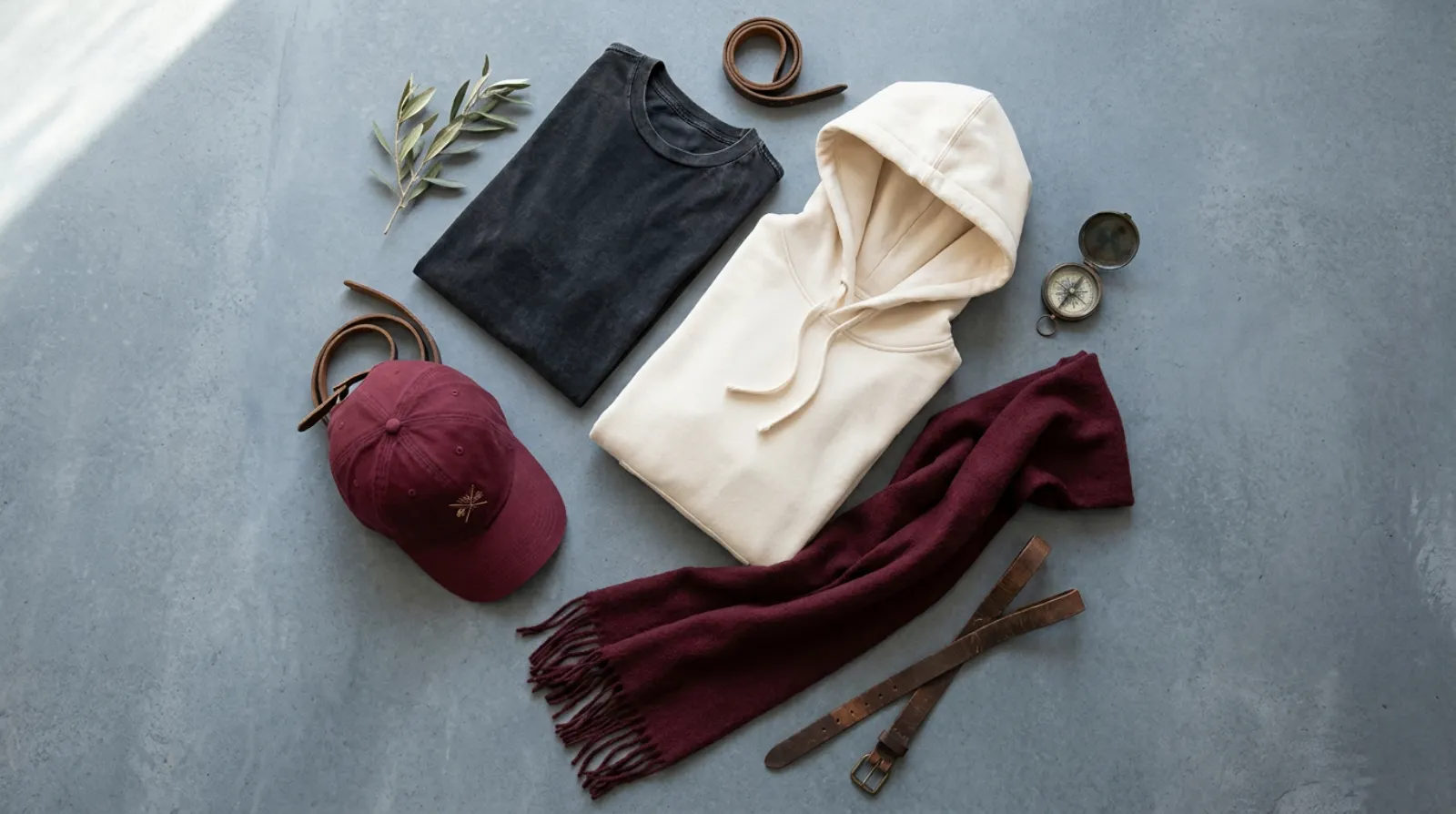 Flat-lay of a Mikasa Ackerman shirt and Attack on Titan hoodie with a red scarf accent