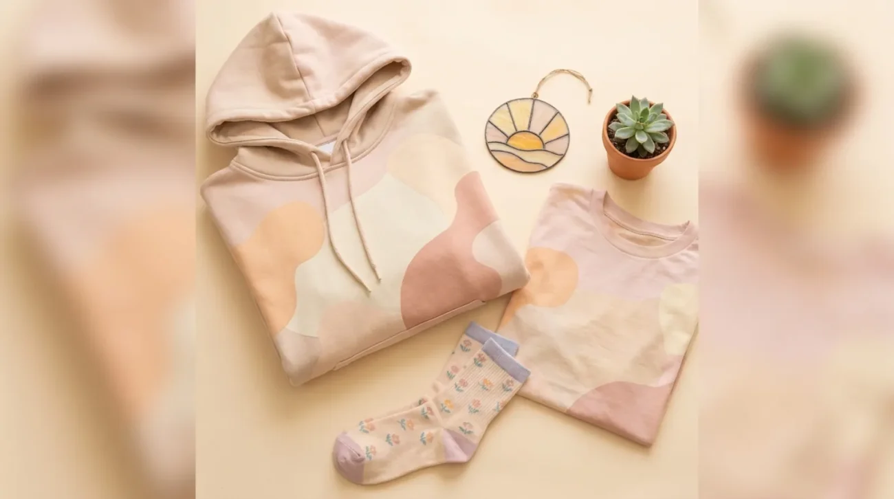 Mimikyu merch apparel flat-lay with cozy pastel hoodie and tee
