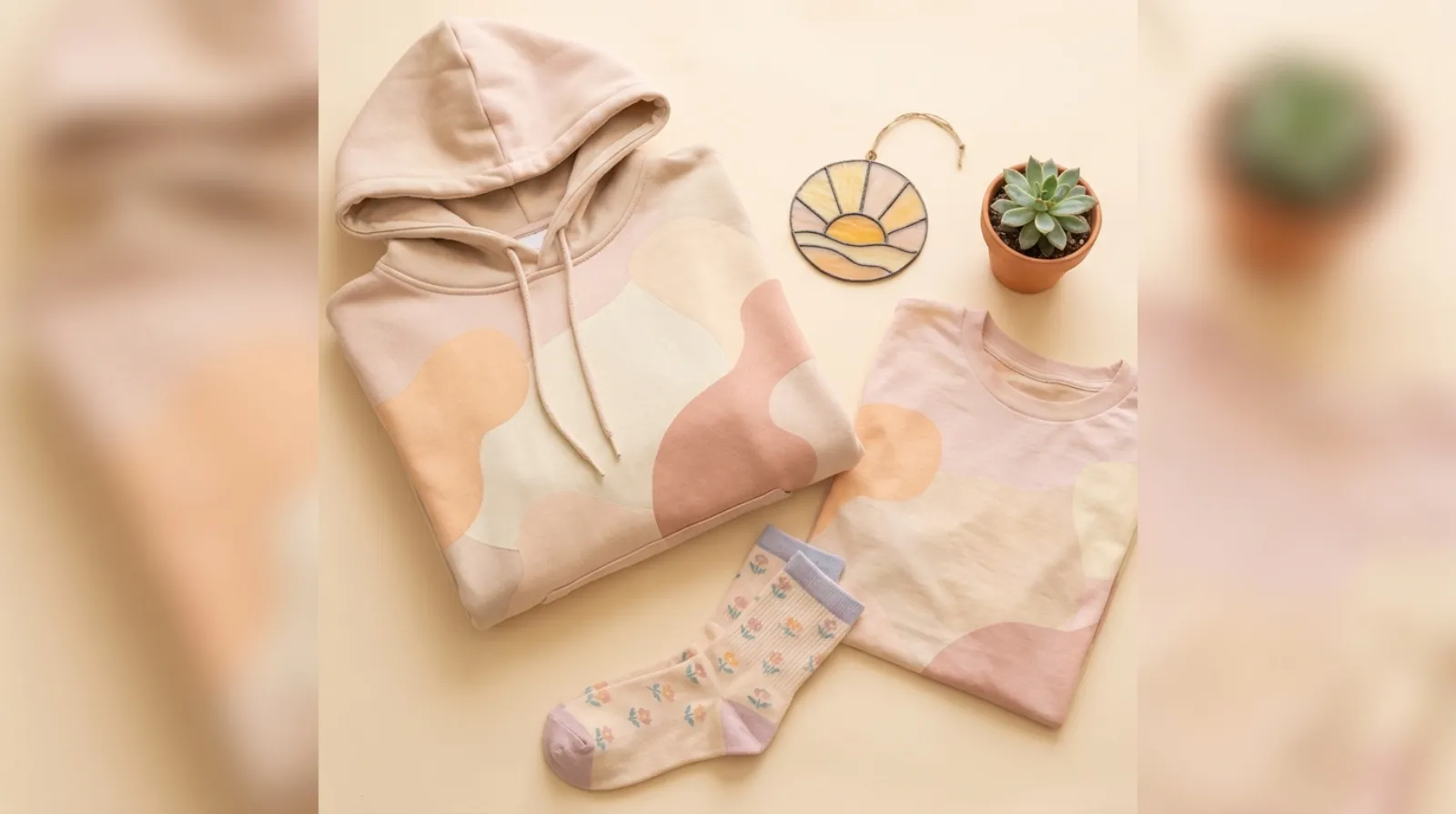 Mimikyu merch apparel flat-lay with cozy pastel hoodie and tee