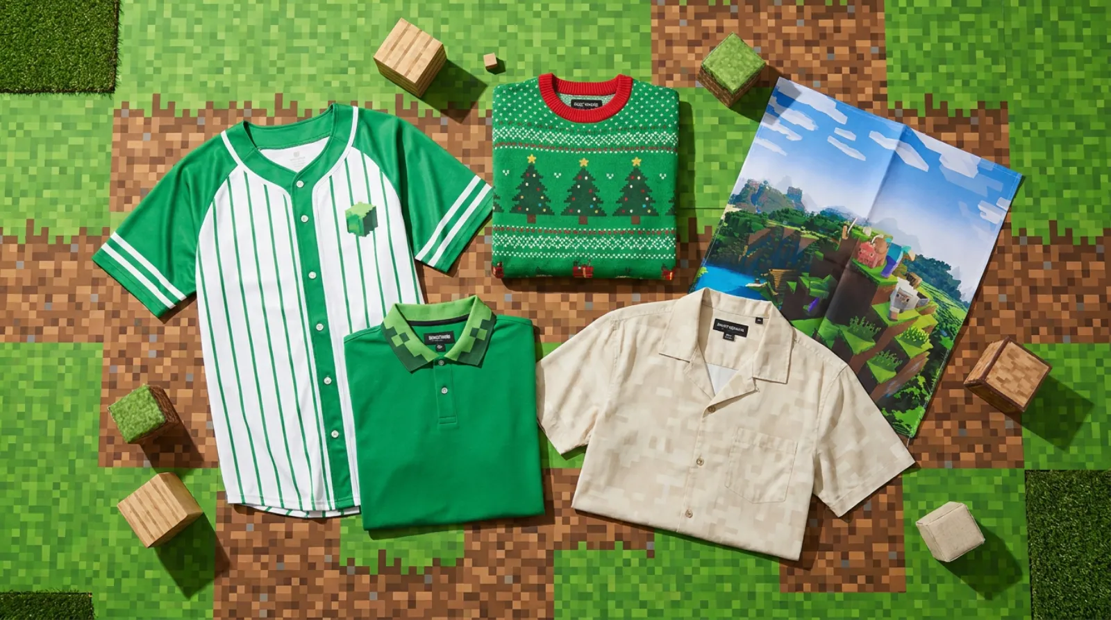 Minecraft merch flat lay with jersey, sweater and polo in grass-green and dirt-brown blocky palette