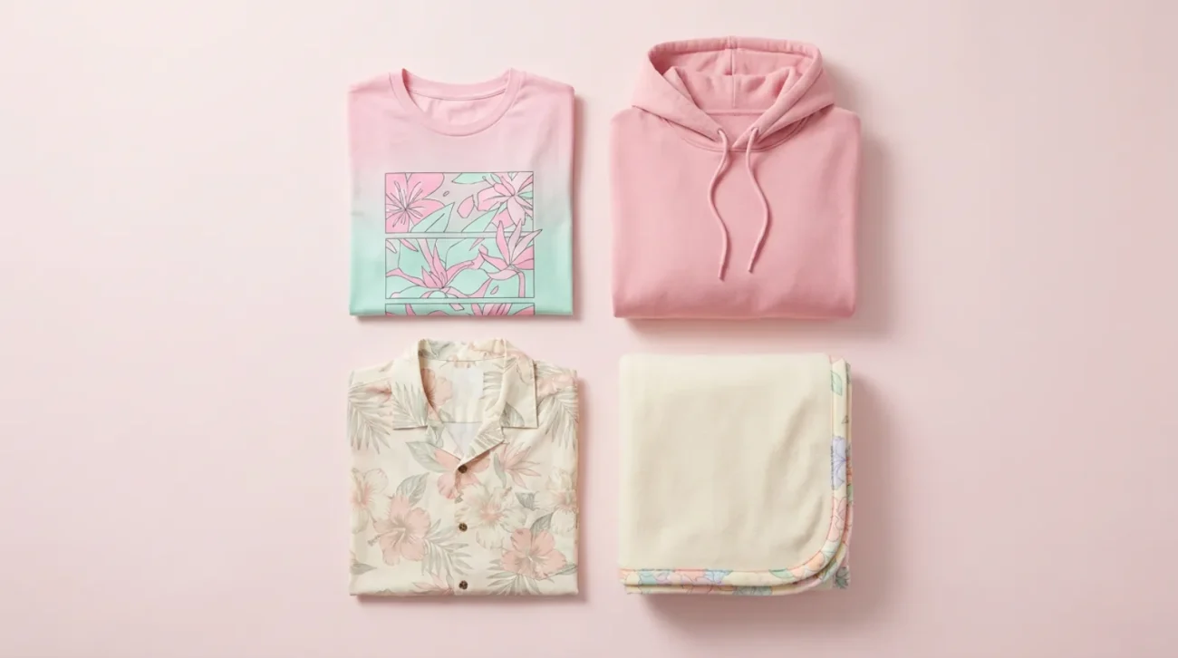 Mitsuri Kanroji merch flat-lay in pink and green with vintage tee, hoodie and Hawaiian shirt