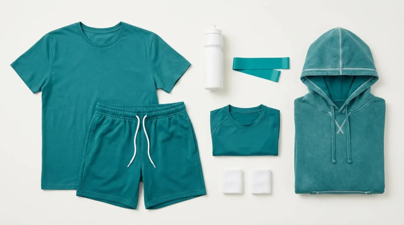 Mob Psycho 100 merch flat lay of teal gym apparel, tee, shorts and hoodie