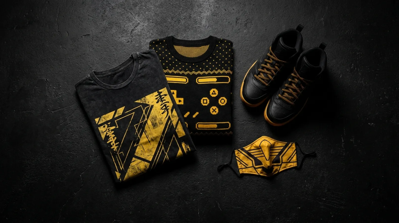 Mortal Kombat merch flat lay with vintage graphic tee, ninja face mask and sneakers