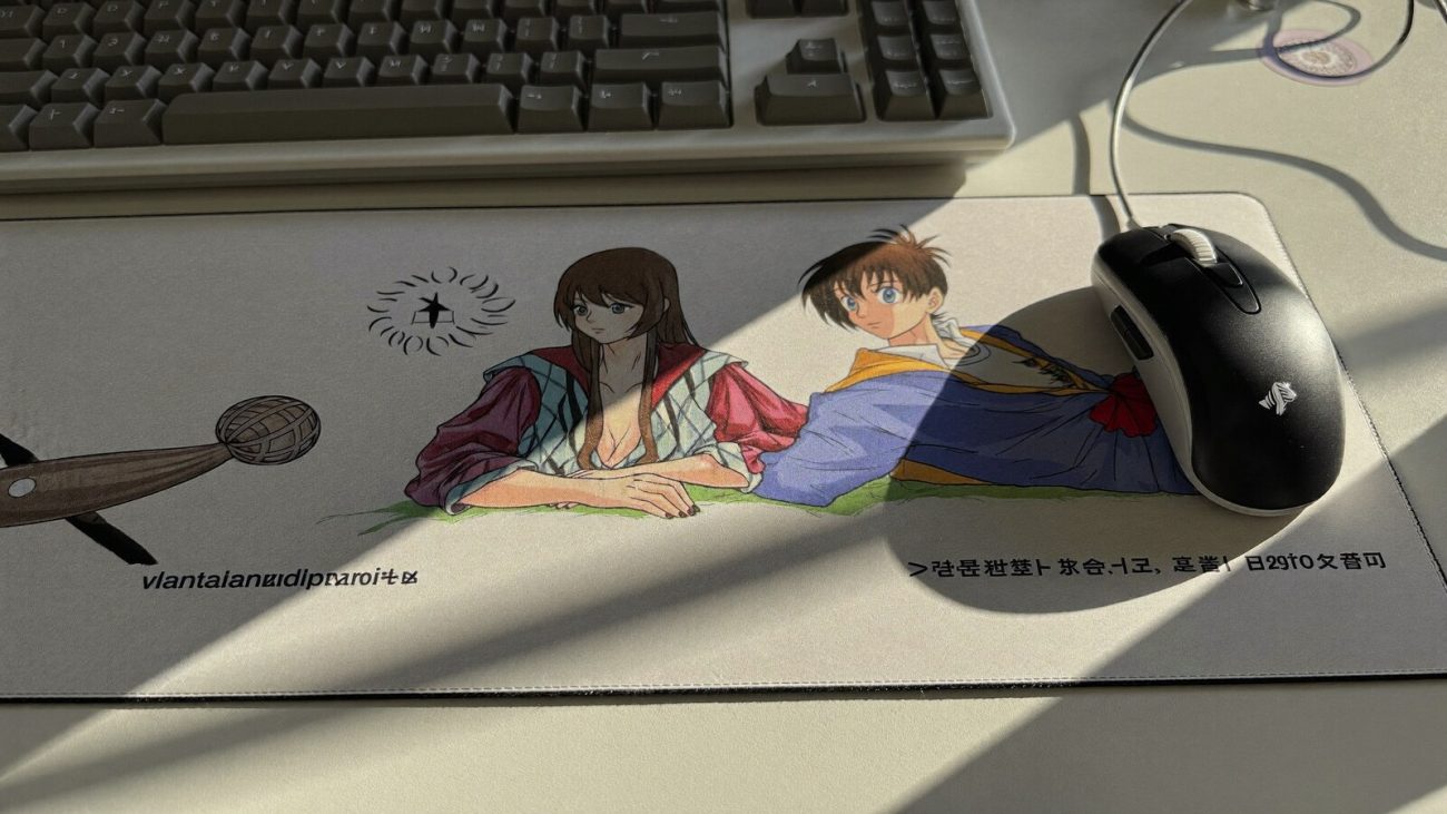 Anime-inspired mouse mats styled in a cinematic scene