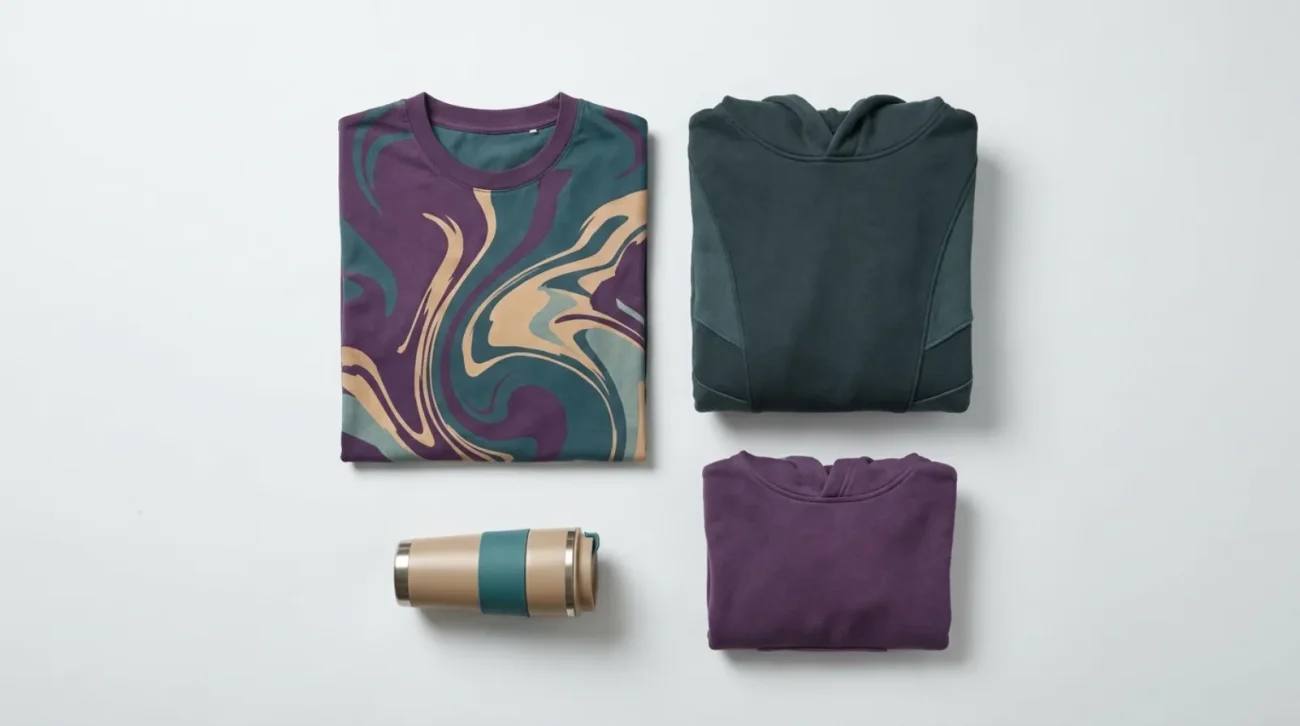Mushoku Tensei merch apparel flat lay in deep purple and teal fantasy tones