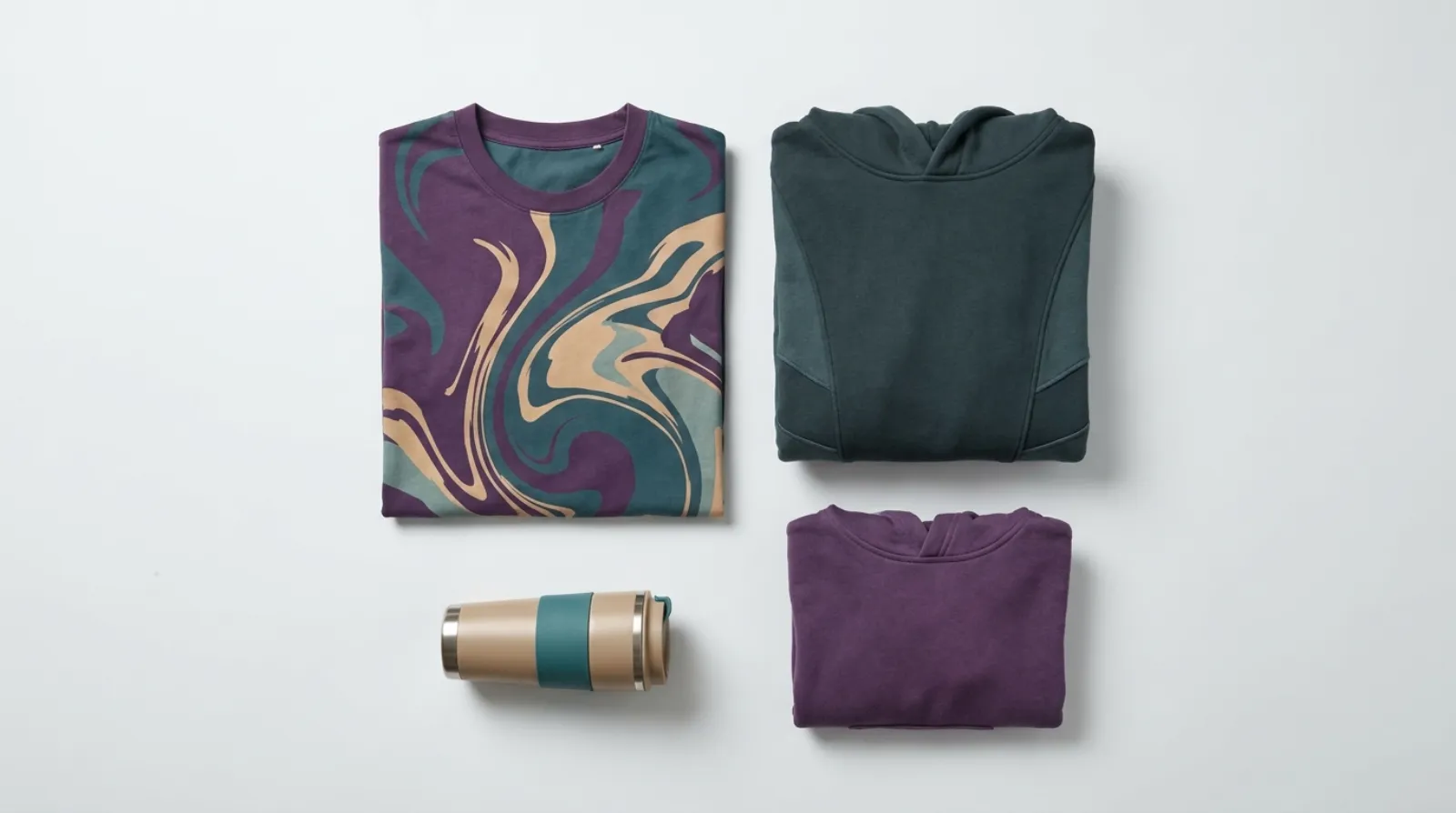 Mushoku Tensei merch apparel flat lay in deep purple and teal fantasy tones