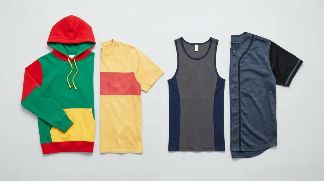 Flat-lay of My Hero Academia merch with a hero color-block hoodie, villain vintage tee, tank top, and baseball jersey