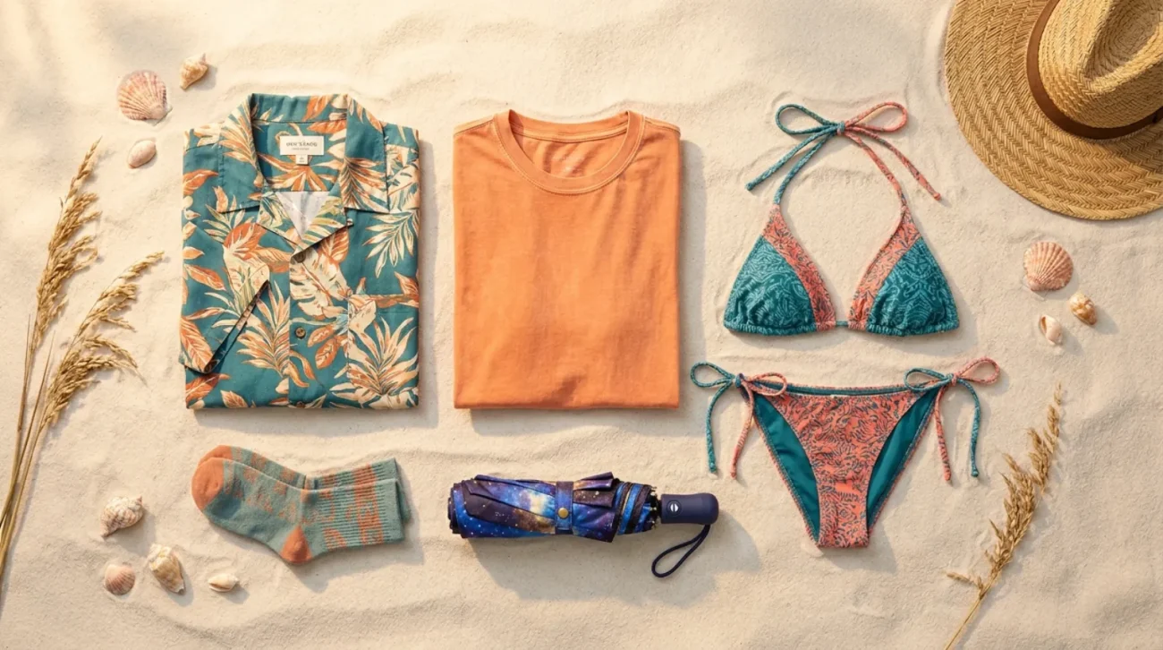 Nami merch flat lay with breezy summer One Piece apparel and galaxy umbrella