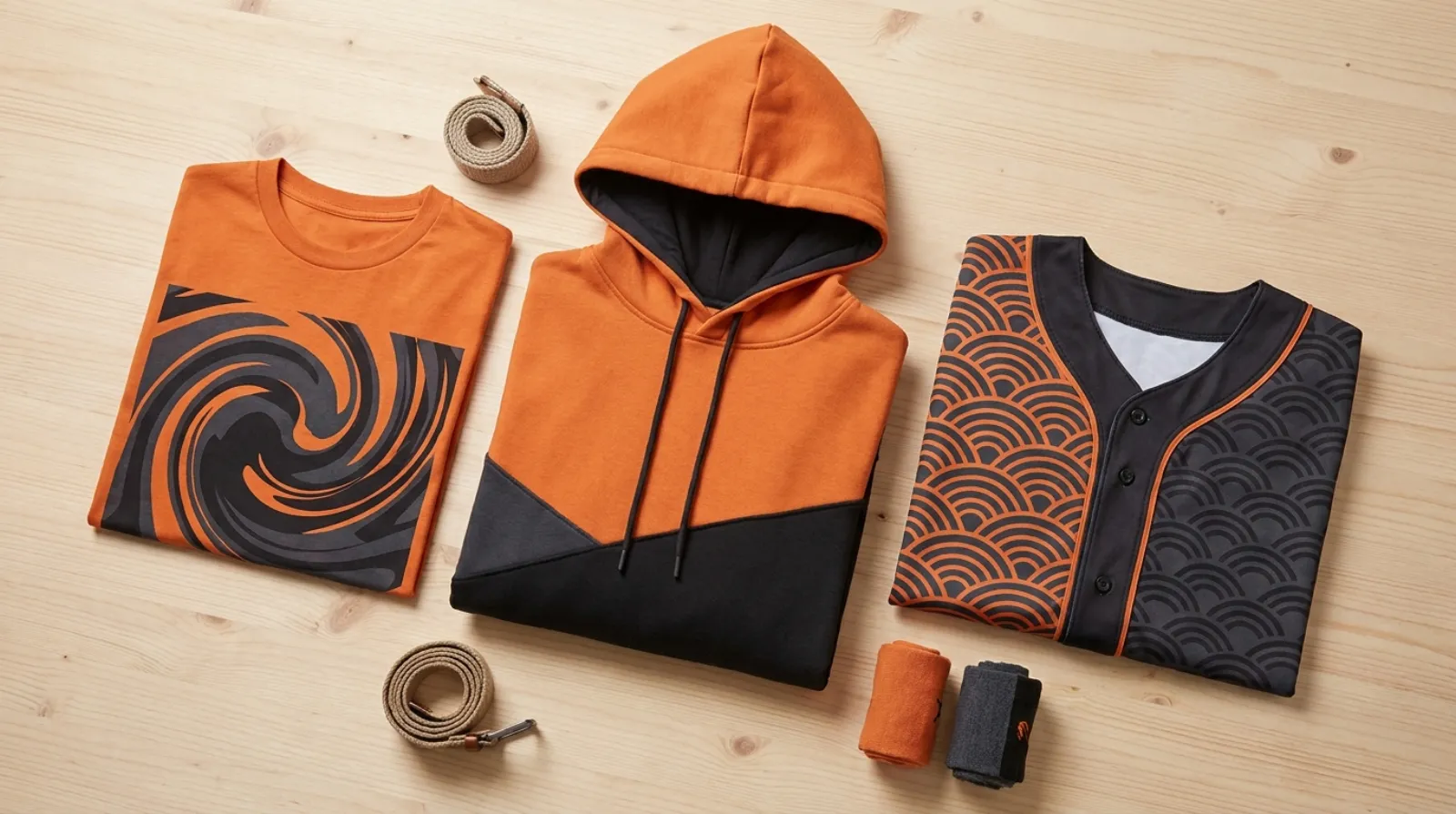 Orange and black ninja-themed Naruto shirt, hoodie, and jersey apparel flat-lay on light wood
