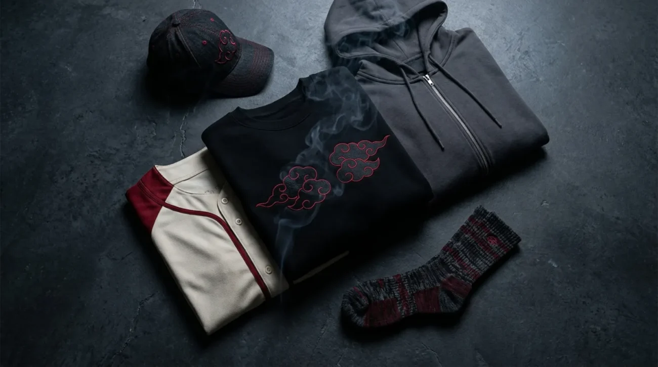Flat-lay of Naruto Shippuden merch including embroidered sweatshirt, baseball jersey, zip hoodie, cap, and socks