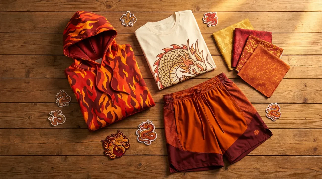 Natsu Dragneel merch flat-lay of Fairy Tail fire-themed hoodies and apparel