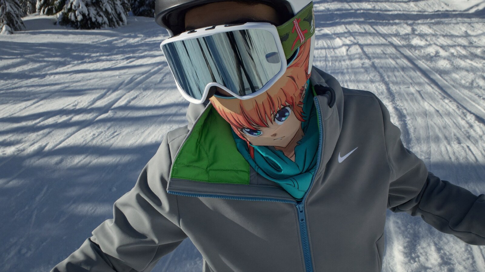Anime-inspired neck gaiters styled in a natural daylight scene