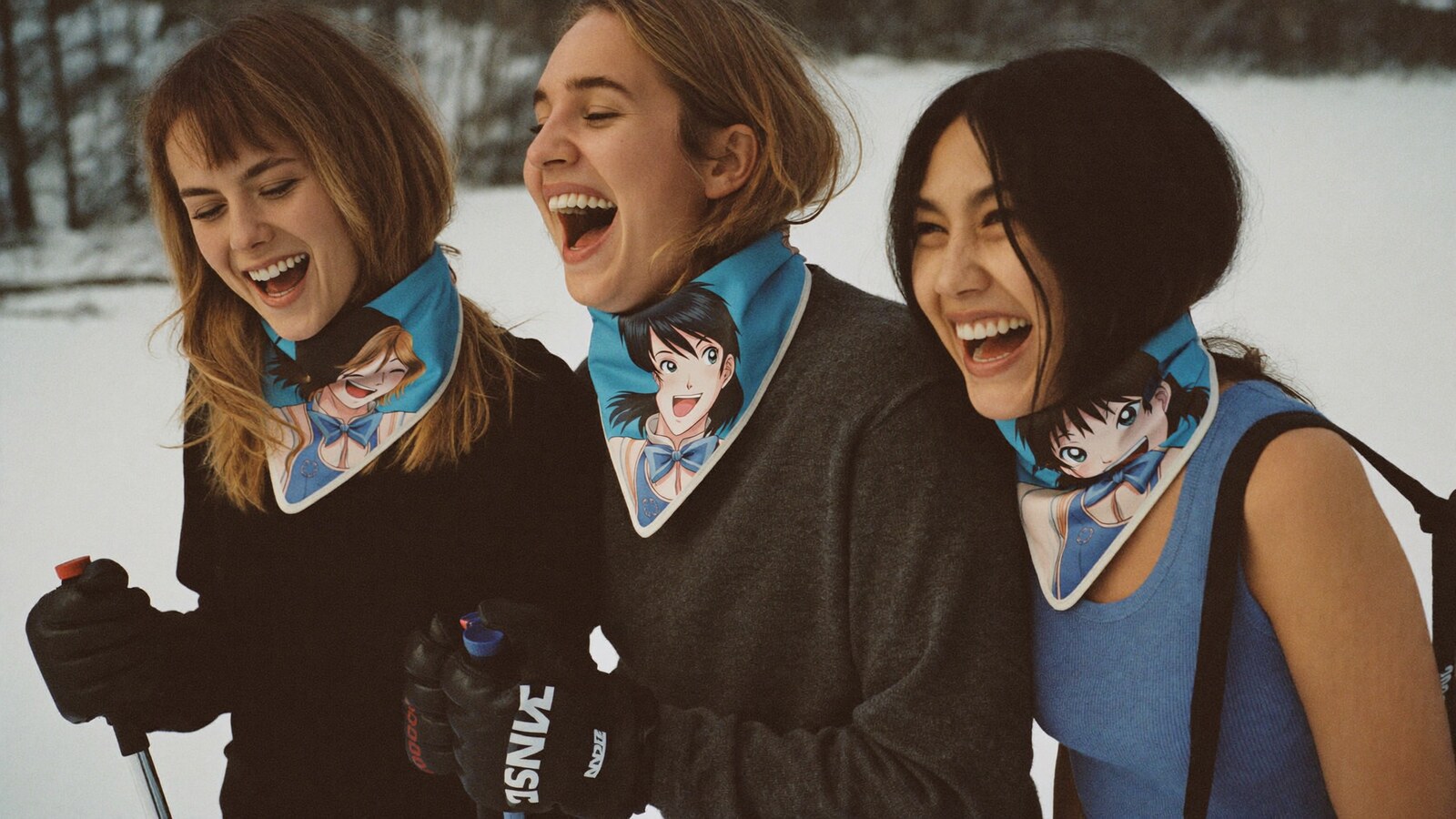 Anime-inspired neck gaiters in a social or layered scene with friends