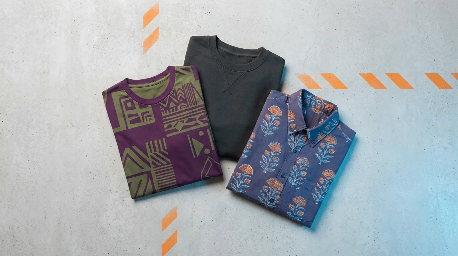 Neon Genesis Evangelion merch apparel flat lay in purple, orange and blue