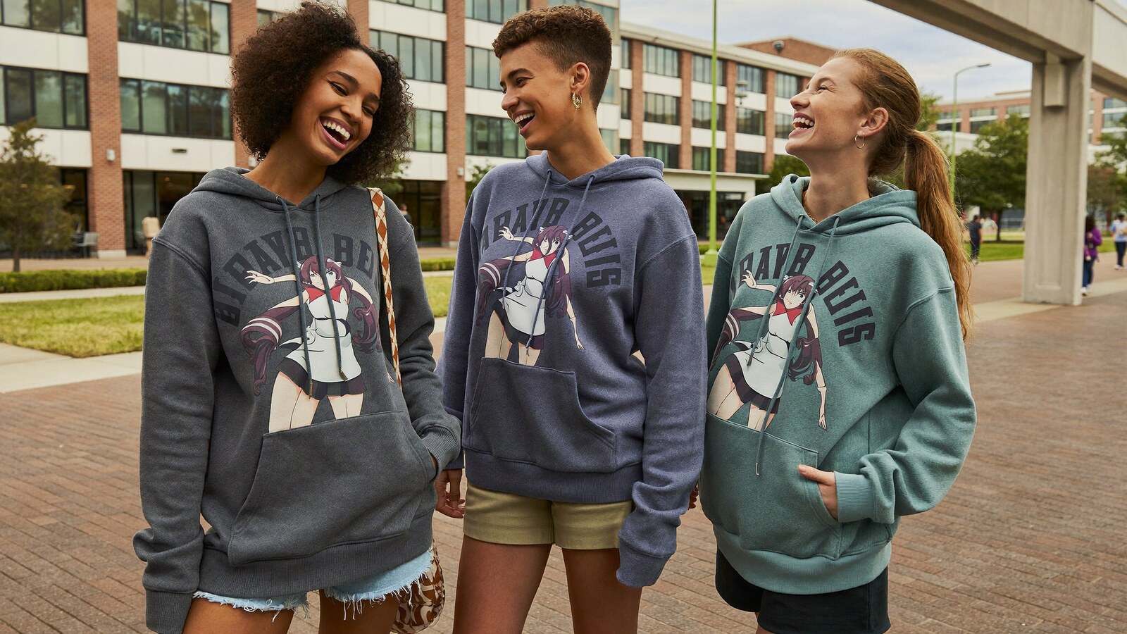Anime-inspired new lightweight hoodie in a social or layered scene with friends