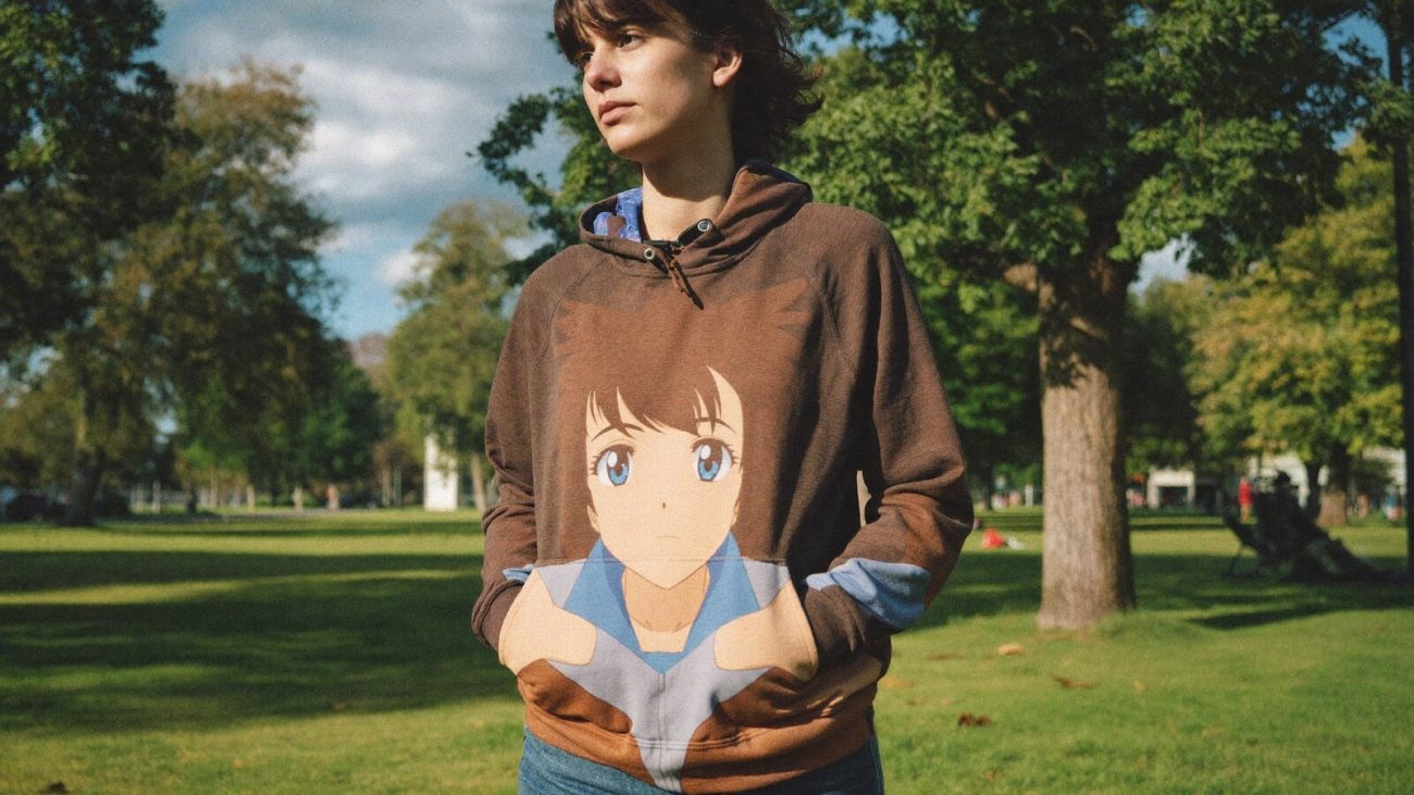 Person wearing an anime-inspired new lightweight hoodie in an editorial scene