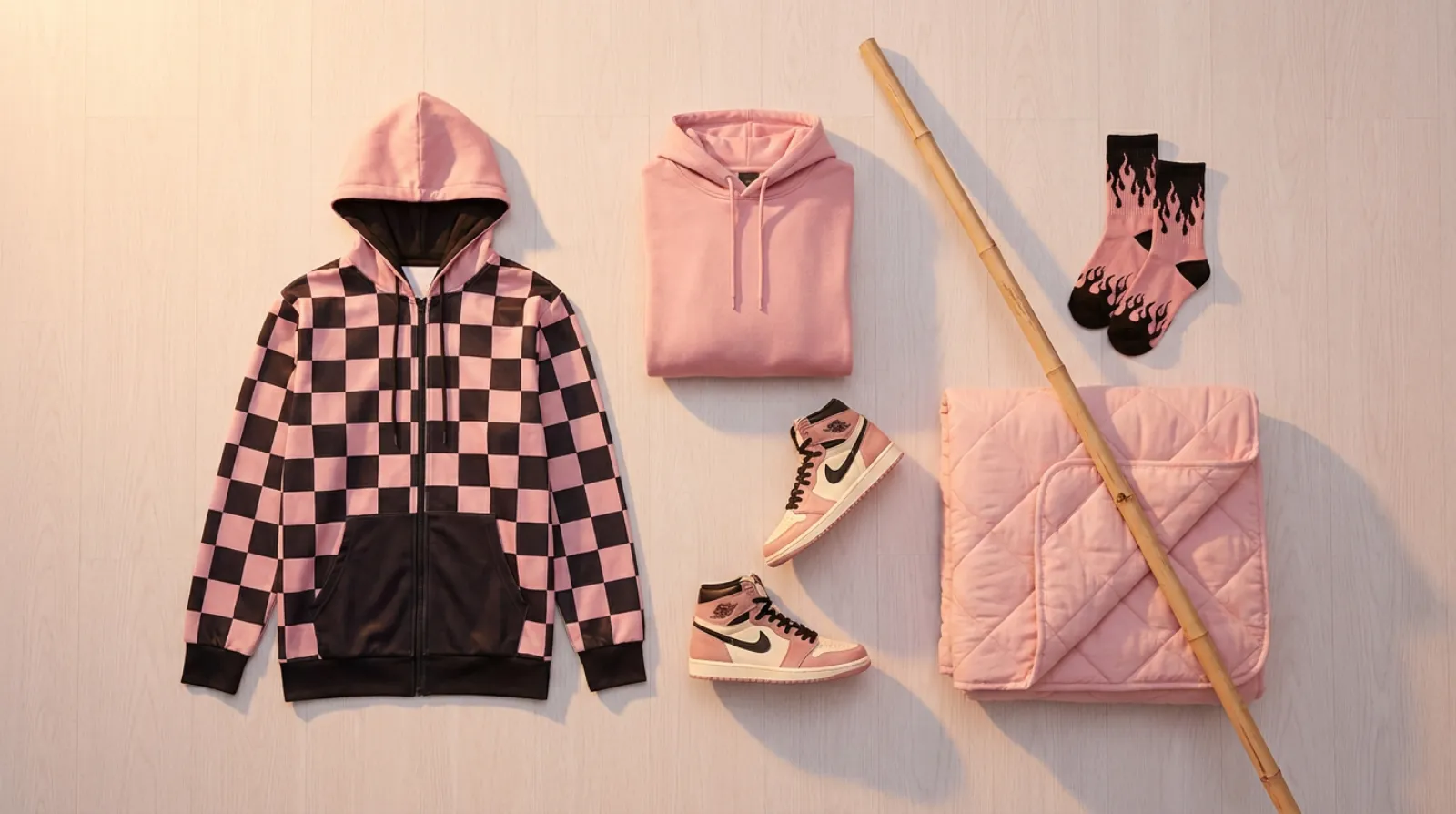 Flat-lay of Nezuko Kamado merch including pink haori zip hoodie, basketball shoes, flame socks, and quilt set