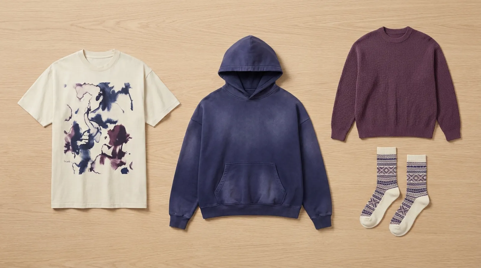 Flat-lay of a deep purple Nico Robin shirt and One Piece streetwear hoodie on light wood
