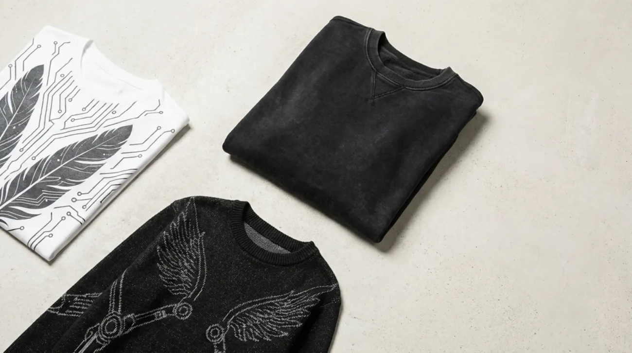 Monochrome black and white NieR: Automata merch apparel flat-lay on pale concrete