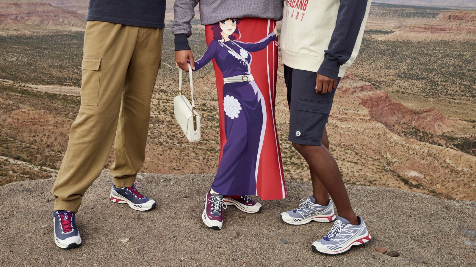 Anime-inspired nomad shoes in a social or layered scene with friends
