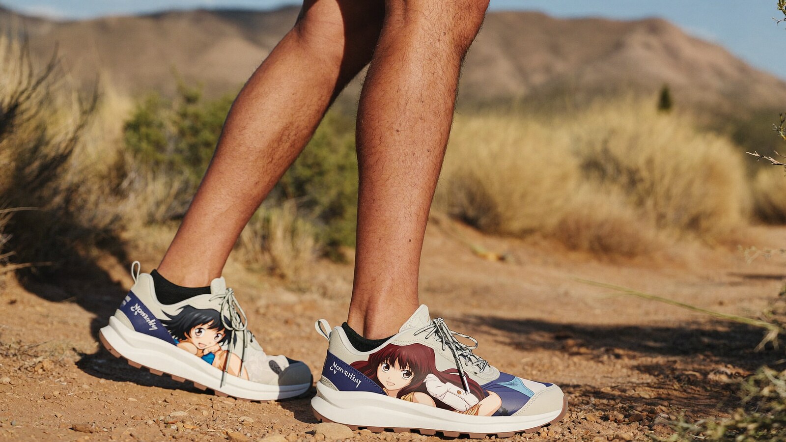 Person wearing an anime-inspired nomad shoes in an editorial scene