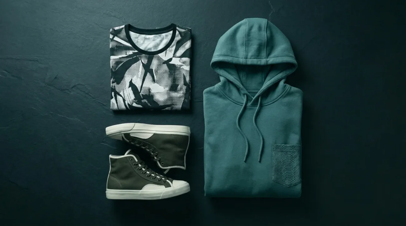 Obanai Iguro merch flat lay in dark green and off-white with snake-scale apparel