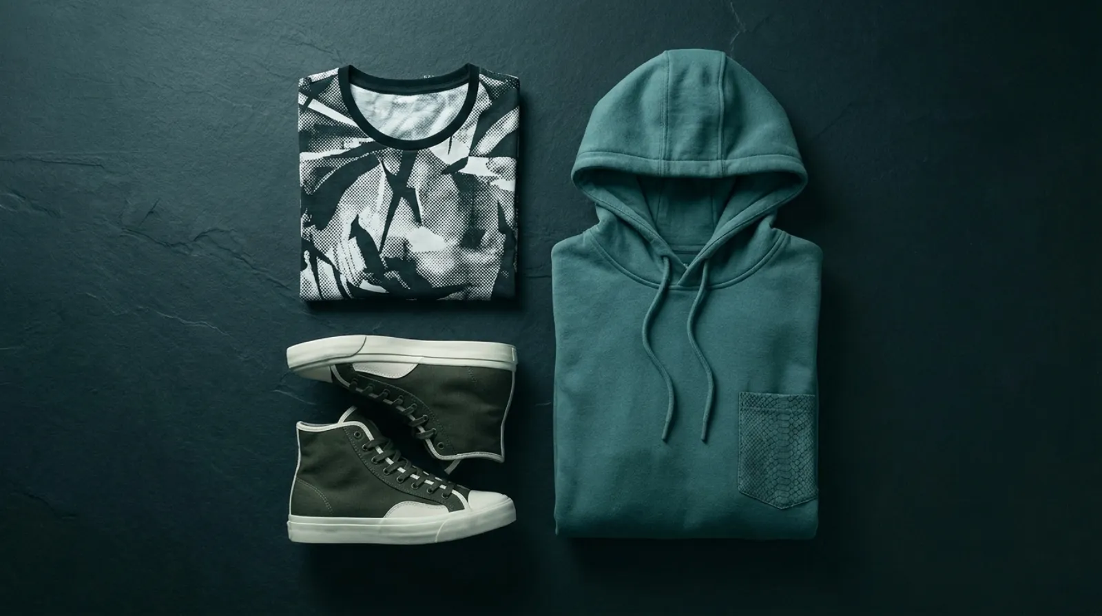 Obanai Iguro merch flat lay in dark green and off-white with snake-scale apparel