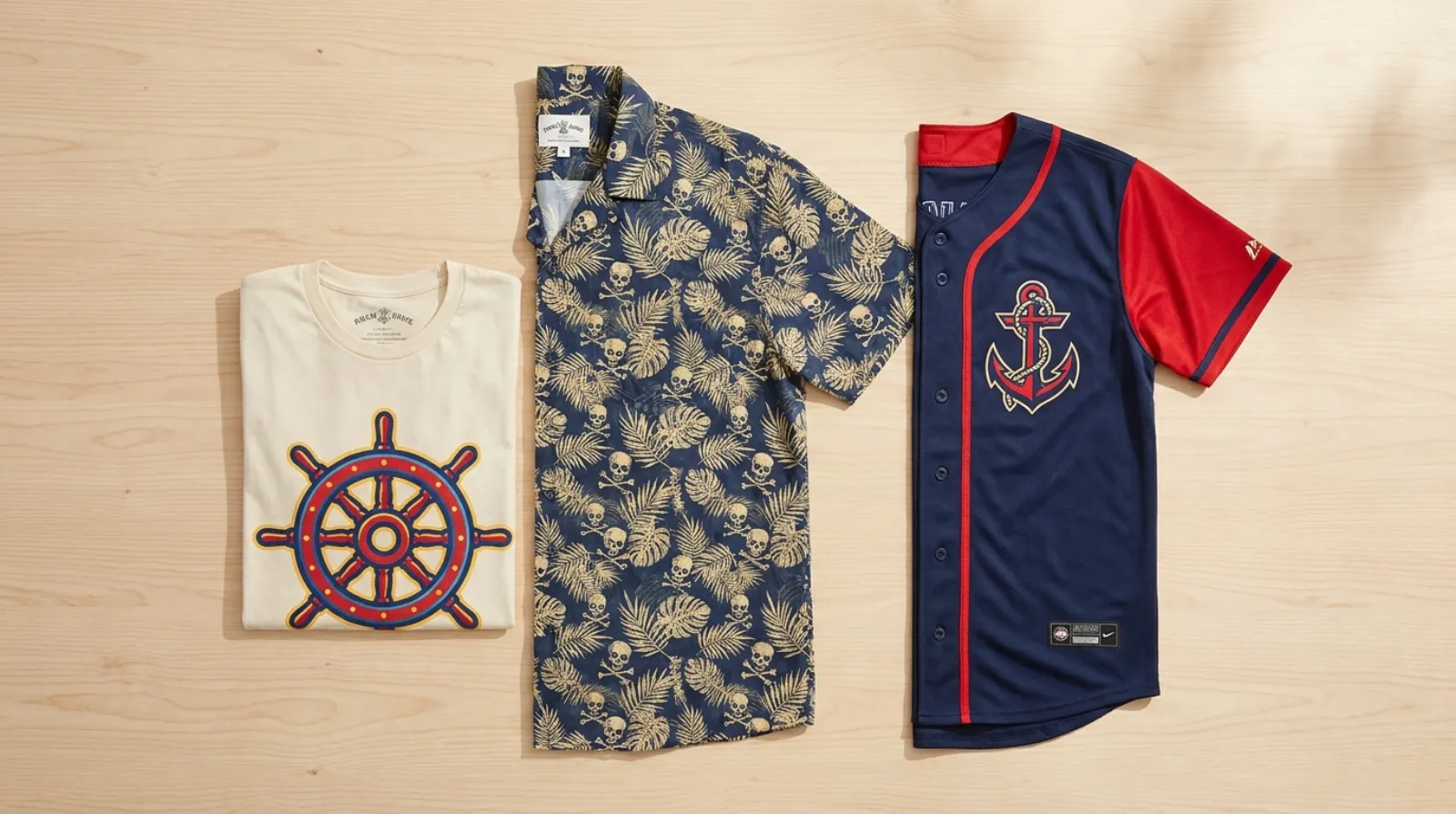 One Piece merch flat lay with Hawaiian shirt, jersey and tee in red, navy and yellow