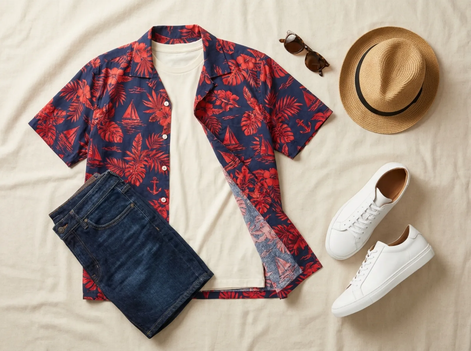 Nautical One Piece Hawaiian shirt styled over a tee with denim shorts and sneakers