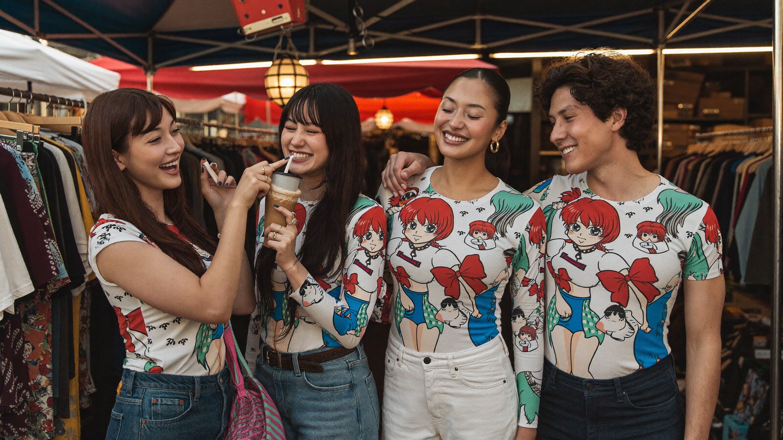 Anime-inspired one piece vintage collection in a social or layered scene with friends