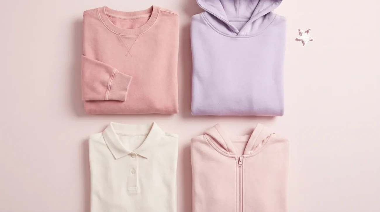 Oshi no Ko merch flat lay with pastel sweatshirt, hoodie and polo