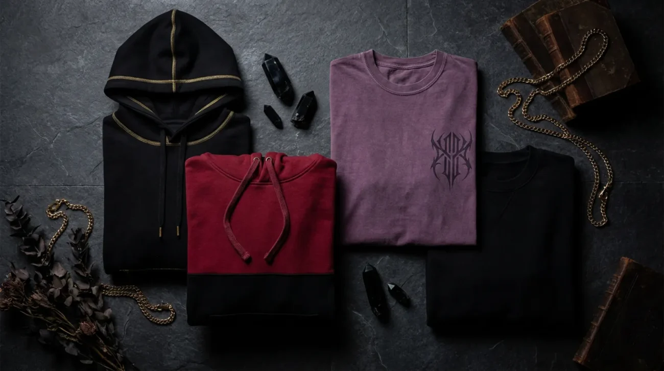 Overlord merch apparel flat lay in black and gold dark fantasy streetwear hoodies and tee