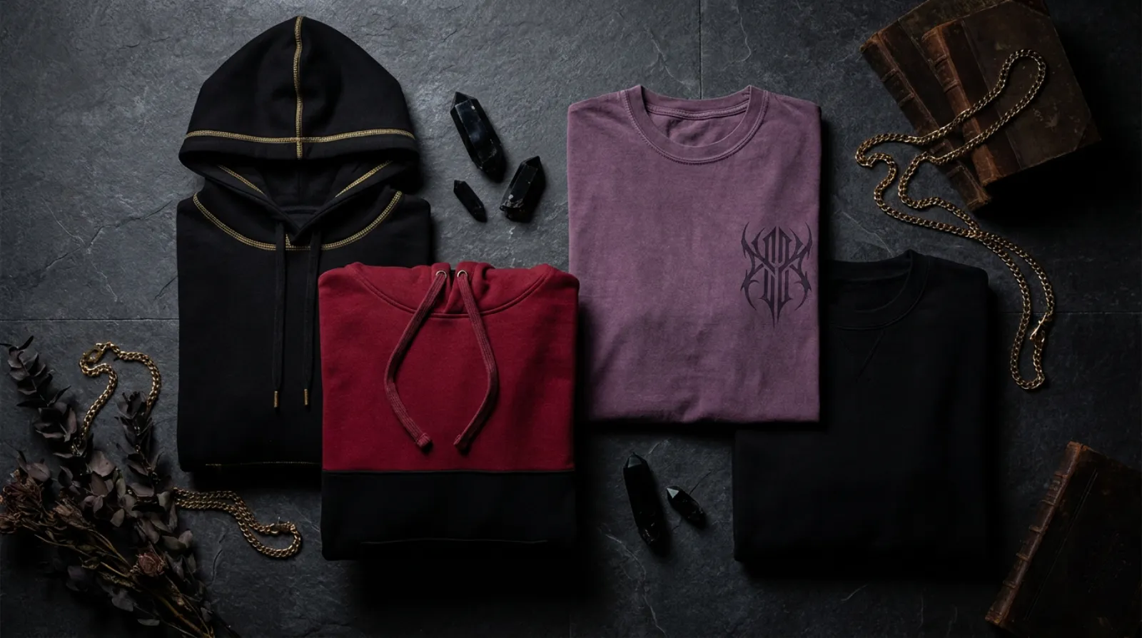 Overlord merch apparel flat lay in black and gold dark fantasy streetwear hoodies and tee
