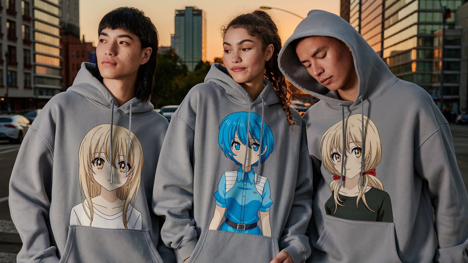 Anime-inspired oversized hoodies in a social or layered scene with friends