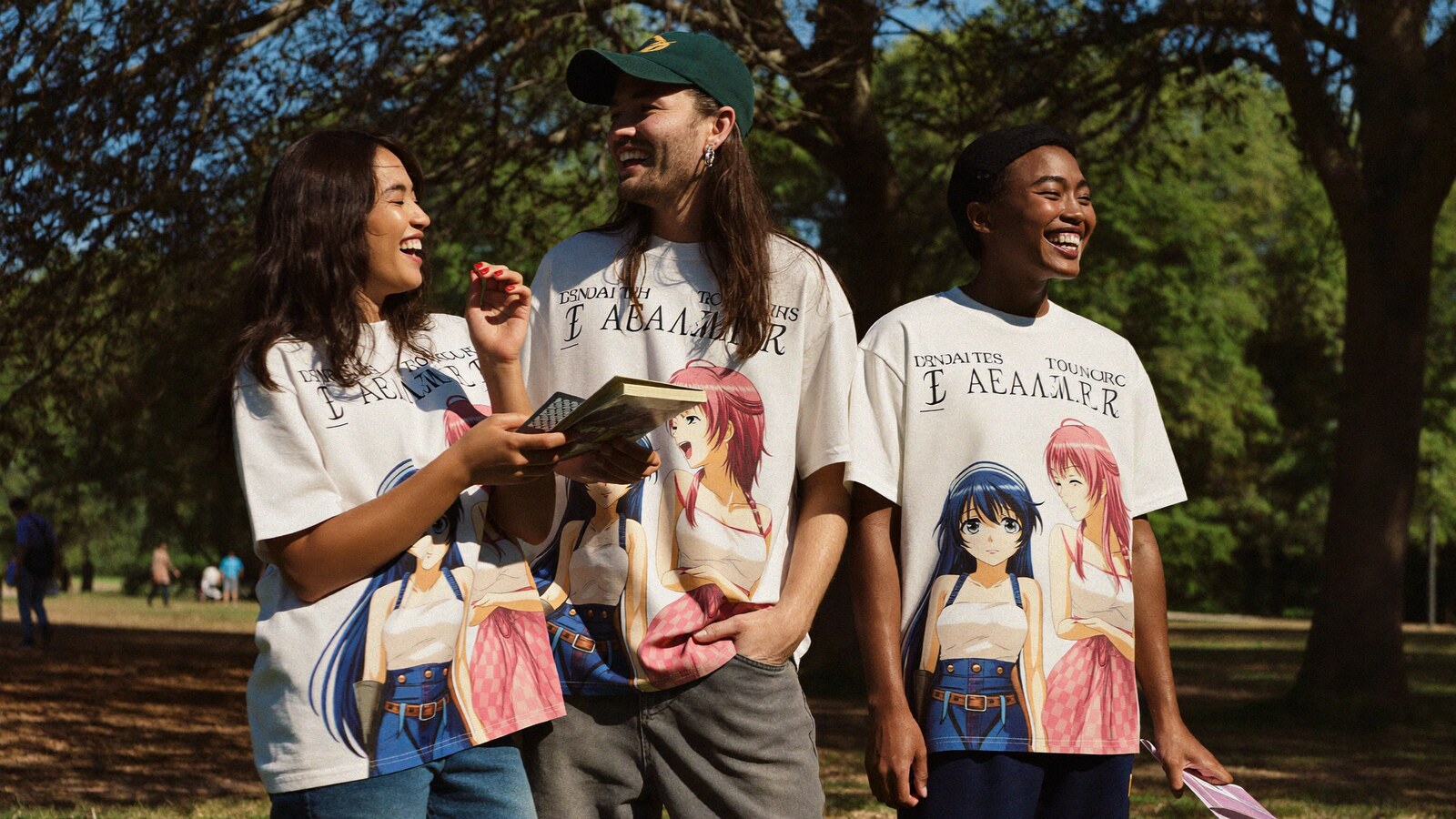 Anime-inspired oversized t-shirts in a social or layered scene with friends