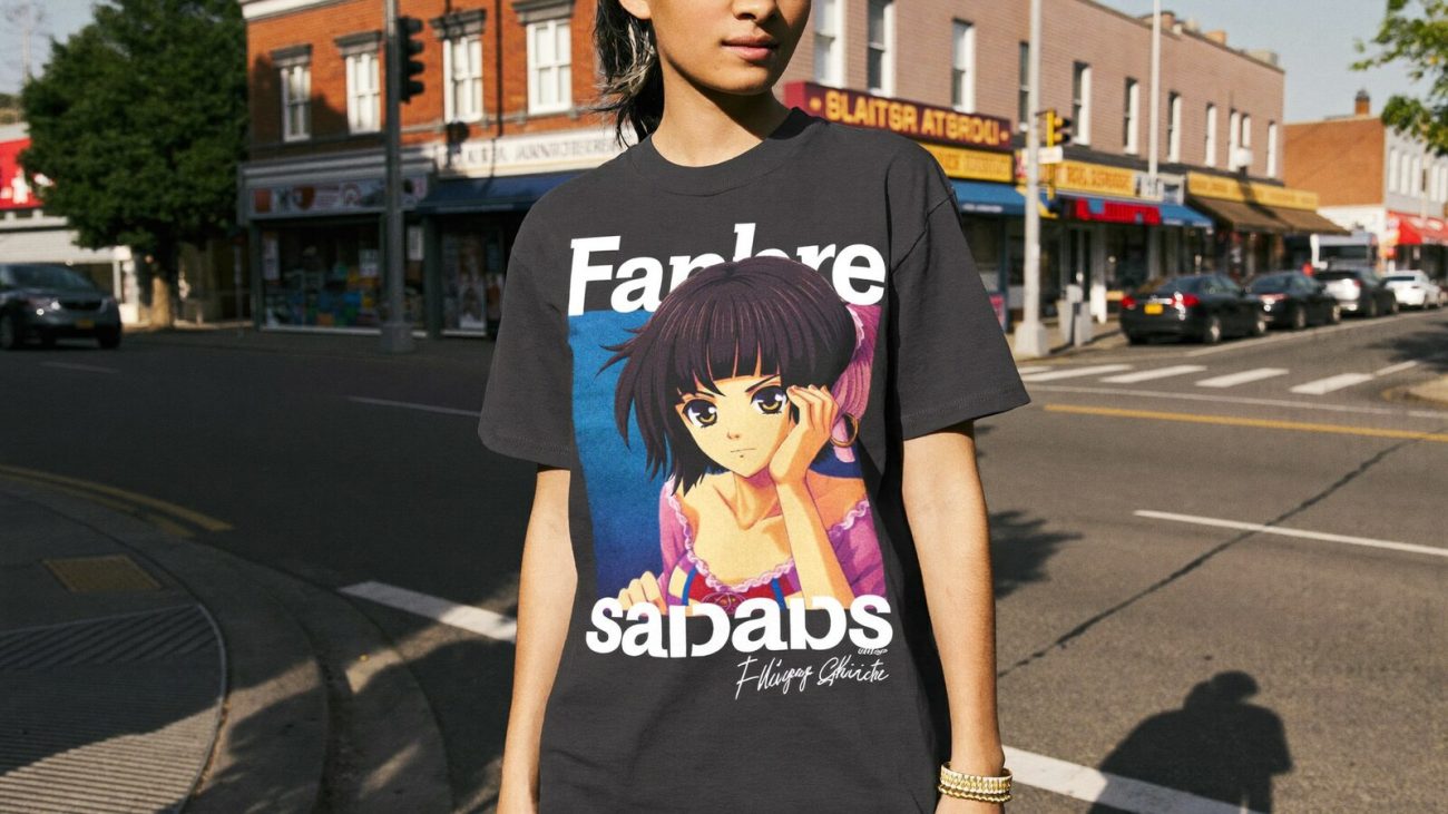 Person wearing an anime-inspired oversized t-shirts in an editorial scene